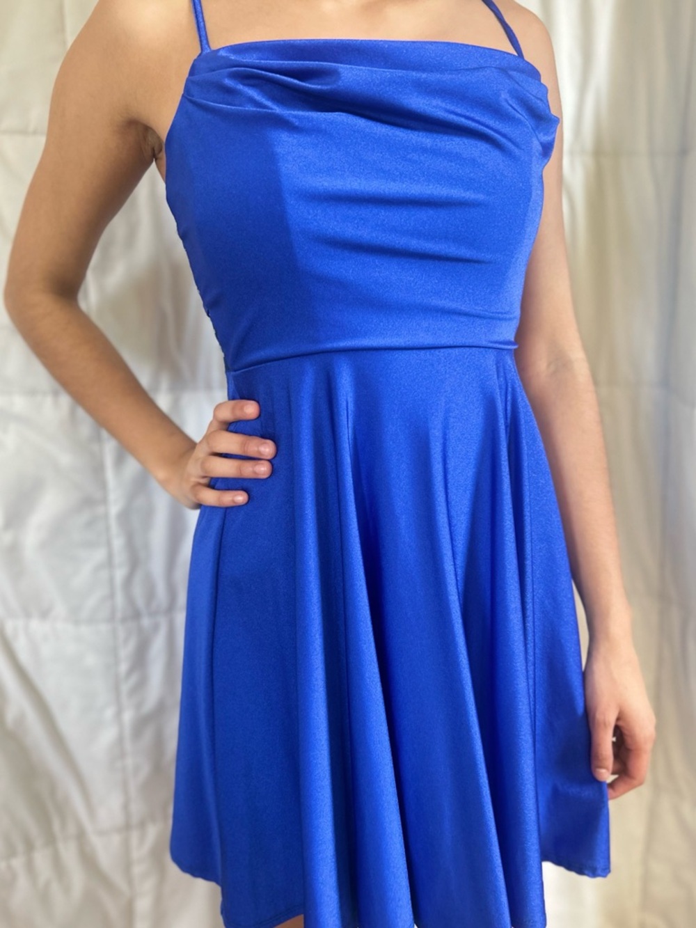 JC Penney Royal Blue Sparkly Short Dress Sheer Back Flowy Skirt